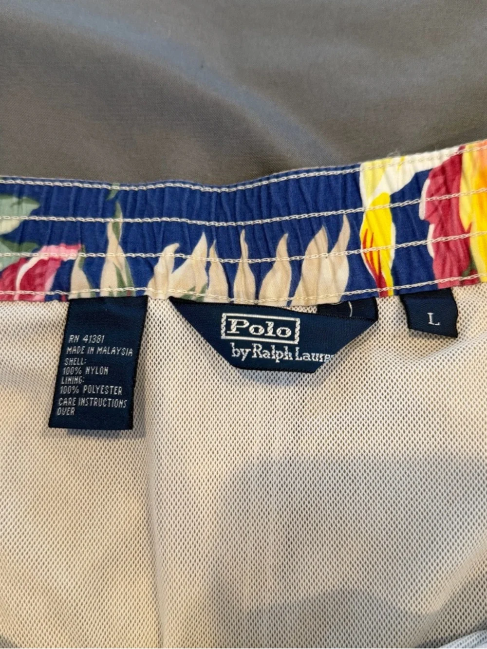 VTG Polo Ralph Lauren Swim Trunks Mens Large Beige Board Shorts Cargo Mesh Liner
